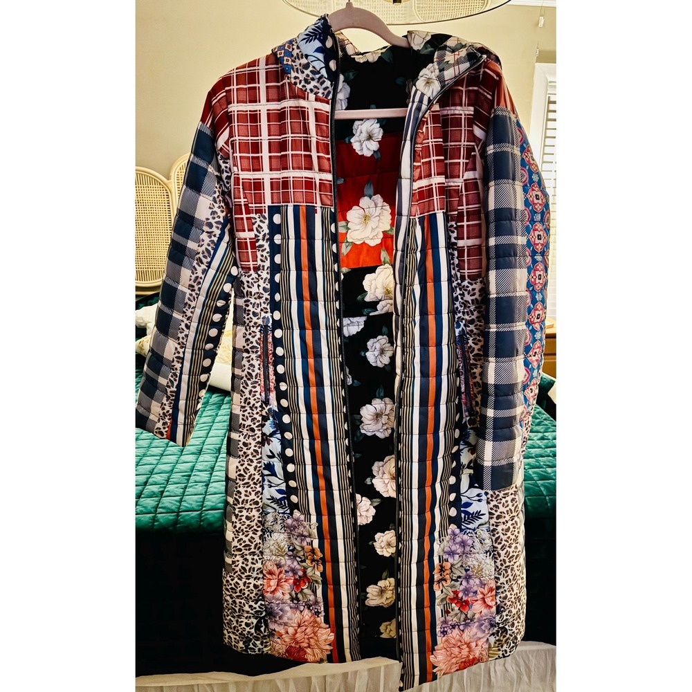 Johnny Was Tessa‎ Patchwork Quilted Hooded Parka Coat XS Long Boho Rare Parka
